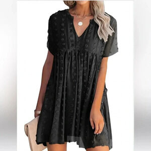 NWT MIHOLL Women's V-Neck Short Sleeve Ruffle Loose Flowy Mini Dress Black Sz SM
